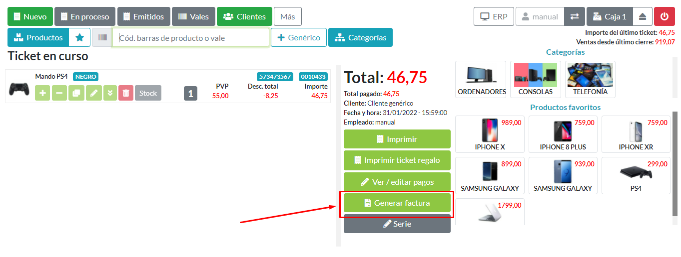 Generar factura de ticket desde el detalle del ticket