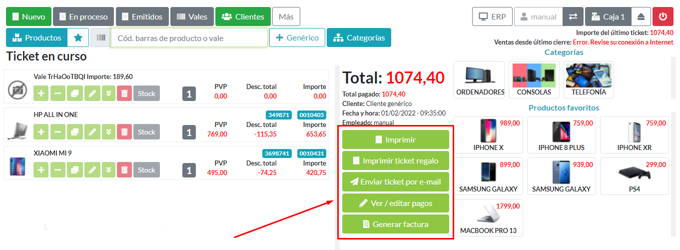 Detalle de acciones disponibles al acceder a la opción Ver en tickets emitidos